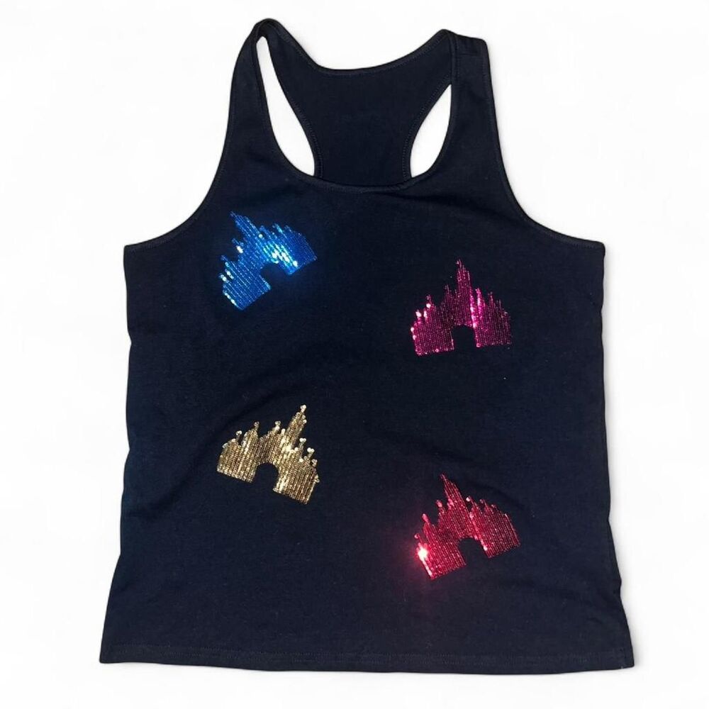 Women's Black Sequins Disney Park Disneyland Castle Muscle Tank Top SZ S